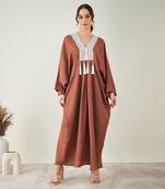 Brown linen full length kaftan with tassels