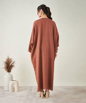 Brown linen full length kaftan with tassels 4