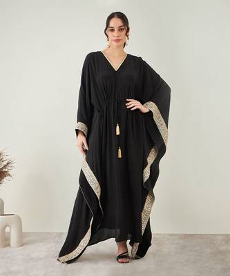 Black full length kaftan with gold lace 1