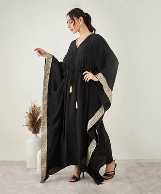 Black full length kaftan with gold lace 2