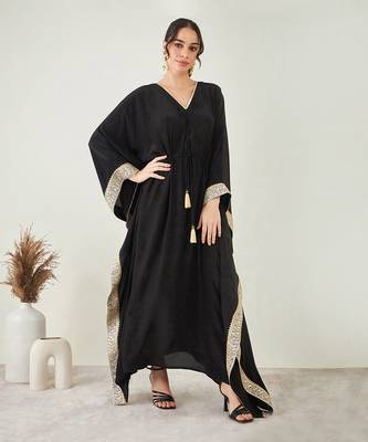Black full length kaftan with gold lace 3