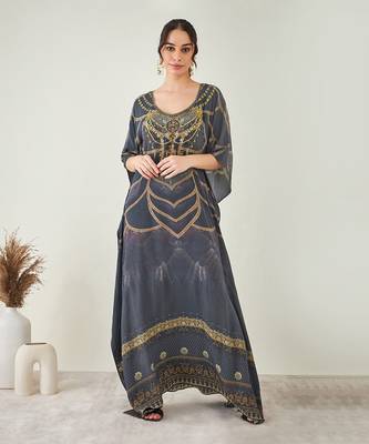 Grey and gold tribal print embellished silk kaftan 1