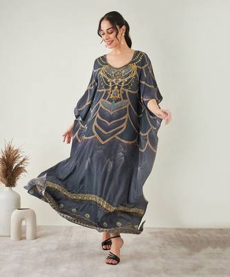 Grey and gold tribal print embellished silk kaftan 2