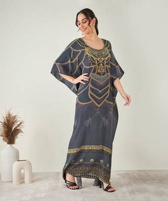 Grey and gold tribal print embellished silk kaftan 3