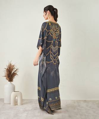 Grey and gold tribal print embellished silk kaftan 4