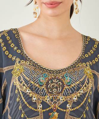 Grey and gold tribal print embellished silk kaftan 5