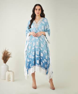 Blue ombre lurex kaftan with fringes 1