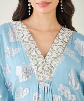 Blue ombre lurex kaftan with fringes 5