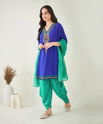 Blue embellished tunic with dhoti pants and dupatta 2