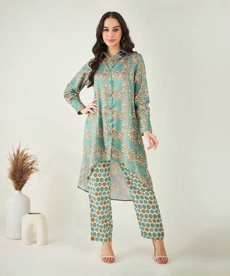 Green and brown floral combination printed co-ord set 1