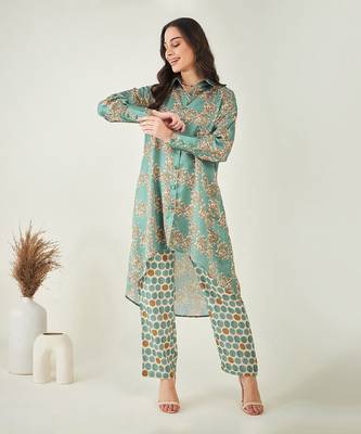 Green and brown floral combination printed co-ord set 2