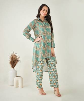 Green and brown floral combination printed co-ord set 3
