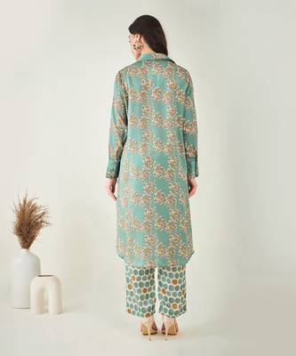 Green and brown floral combination printed co-ord set 4
