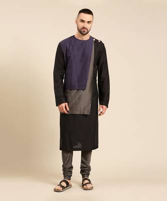 Tri color black silk cotton kurta set 1