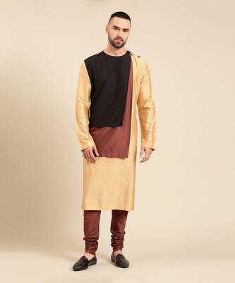 Tri color gold silk cotton kurta set 1