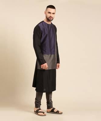 Tri color black silk cotton kurta set 3
