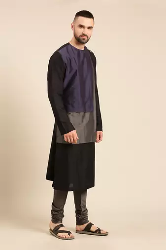 Tri color black silk cotton kurta set