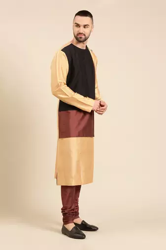 Tri color gold silk cotton kurta set