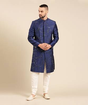 Blue silk embroidery sherwani set 1