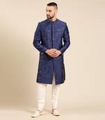 Blue silk embroidery sherwani set