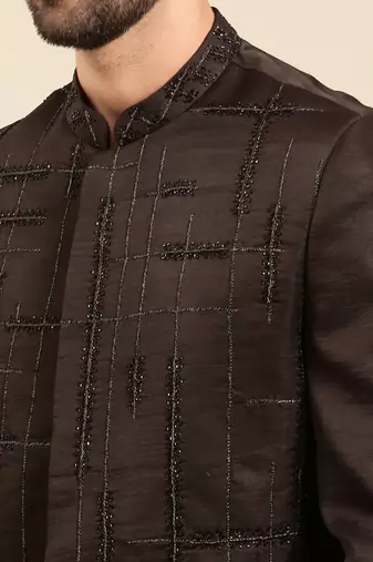 Black silk embroidery sherwani set