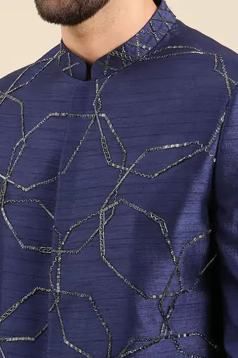 Blue silk embroidery sherwani set