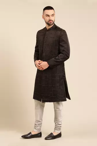 Black silk embroidery sherwani set