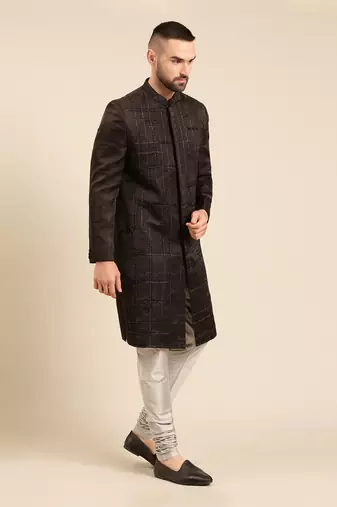 Black silk embroidery sherwani set