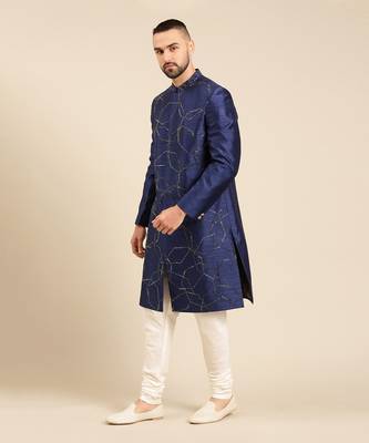 Blue silk embroidery sherwani set 3