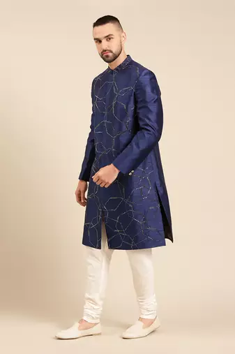 Blue silk embroidery sherwani set