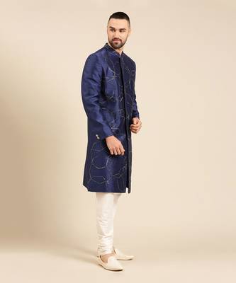 Blue silk embroidery sherwani set 4