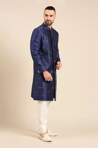 Blue silk embroidery sherwani set