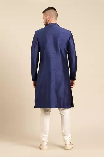 Blue silk embroidery sherwani set