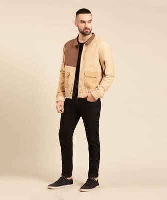 Tri color beige khaki cotton bomber jacket 1