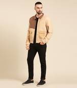 Tri color beige khaki cotton bomber jacket