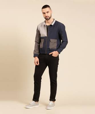 Tri color navy charcoal cotton bomber jacket 1