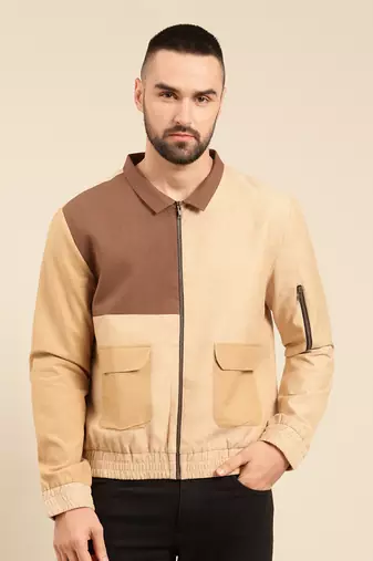 Tri color beige khaki cotton bomber jacket