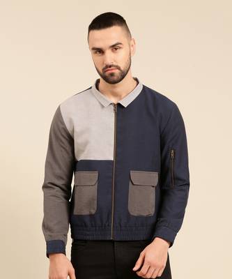 Tri color navy charcoal cotton bomber jacket 2