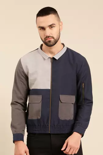Tri color navy charcoal cotton bomber jacket