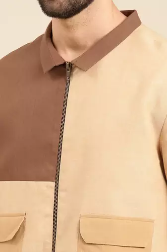 Tri color beige khaki cotton bomber jacket