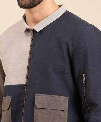 Tri color navy charcoal cotton bomber jacket 3