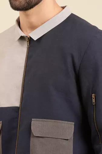 Tri color navy charcoal cotton bomber jacket