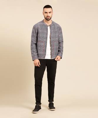 Blue linen bemberg print jacket 1