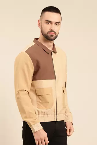 Tri color beige khaki cotton bomber jacket