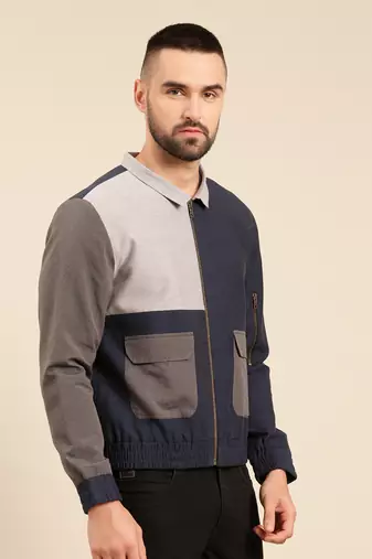 Tri color navy charcoal cotton bomber jacket