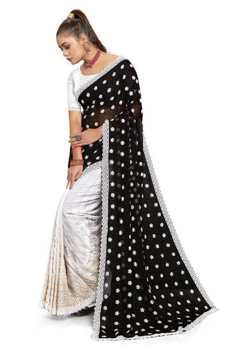 Black White Resham Embroidery Georgette Saree