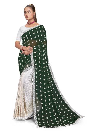 Green White Resham Embroidery Georgette Saree