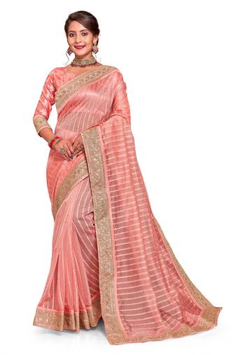 Peach Resham sequin Embroidery Work Tissue Saree