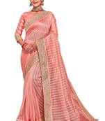 Peach Resham sequin Embroidery Work Tissue Saree