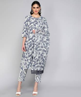 Textile cloth women's white color cotton fabric floral printed kurta pant with dupatta set 1